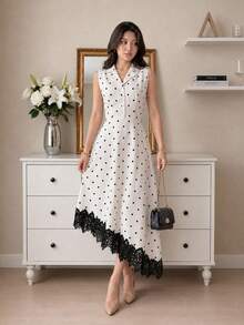 NOVVYNE Abito da donna, elegante abito midi senza maniche con pois, bordo in pizzo e orlo asimmetrico per invitata a matrimonio - Beige - Visualizzare 5