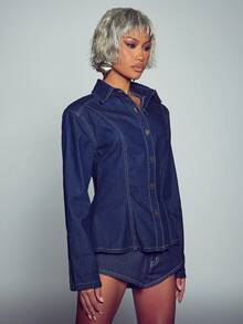 Normani Women's Casual Waist-Cinching Denim Jacket, Autumn - Dark Wash - View 8