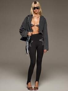 BAD SUNDAY Women's All Season Autumn/Winter Sexy Y2K Retro Punk Star Foil Print Leggings, Suitable For Outerwear - Black - View 3