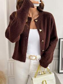 SHEIN Clasi Casual Solid Color Short Hollow-Out Knit Cardigan In Fall/Winter - Brown - View 5