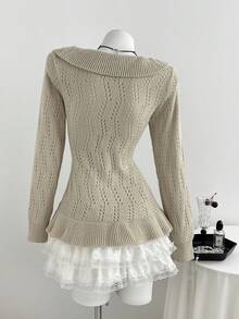 Elamini Sweet Style Ruffle Trim Knit Cardigan, Early Autumn Hollow Out Lace-Up Sweater Jacket, Solid Color V-Neck Versatile Top - Cream - View 2