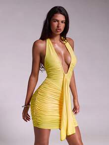 Nuvra Women's 2-In-1 Sleeveless Halter Neck Ribbon Body Shaping Butt Lift Mini Jumpsuit Night Out Club Pale Yellow Summer Bandage Sexy - Yellow - View 8