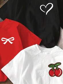 3pcs/Set Tween Girls' Casual Chic White And Red Summer School Back-To-School Butterfly,Cherry,Leaf Graphic Print Basic Short T-Shirts,Comfortable Cozy - Multicolor - View 3