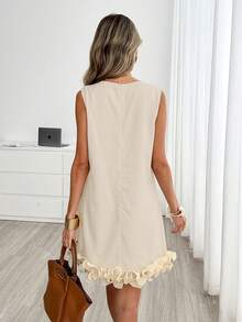 Easowa Round Neck 3D Lace Hem Sleeveless A-Line Dress Casual French Relaxed Elegant Commuter Old Money Style Summer Women's Brunch Tea Party Beige - White - View 3