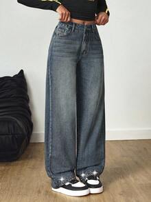 SHEIN Tall Y2K Casual Tall Fashion Street Vintage Rivet Washed Straight Leg Jeans Everyday School Blue Summer - Dark Wash - View 4