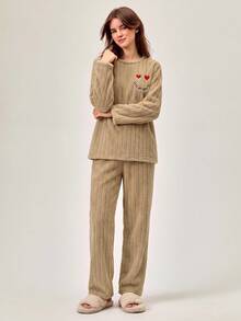 RueChic Women Crew Neck Long Sleeve Graphic Detail Casual Loungewear Set - Camel - View 3