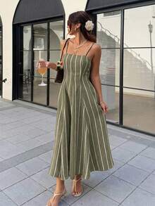 SHEIN Frenchy 女款夏季休閒條紋細肩帶洋裝 - 薄荷綠 - 查看 7