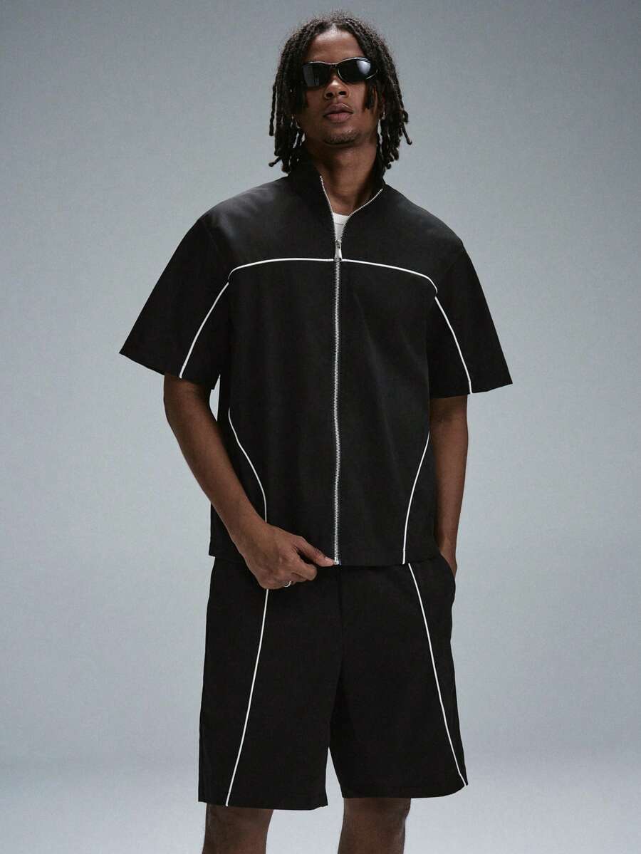 STYNVO 男士短袖拉鍊前襟襯衫與短褲休閒套裝 - 黑色 - 查看 1
