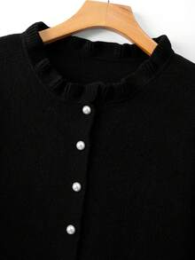 GlowEve CURVE Plus Size Elegant Ruffle Trim Button Long Sleeve Cardigan - Black - View 6
