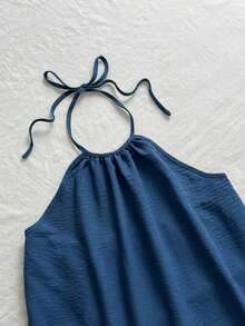 Trelyra Gaun Pantai Wanita Musim Panas Tropis Boho Patchwork Longgar Leher Halter Ikat Belakang Terbuka Belakang dengan Garis-garis Biru dan Putih - Biru - View 5