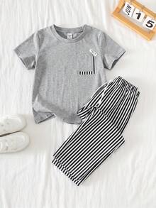 SHEIN 2件組男孩休閒百搭條紋拼接圓領短袖套頭T恤與純色寬鬆針織長褲套裝，適合學校、花園、海灘、生日，適用春夏秋冬 - 彩色 - 查看 3