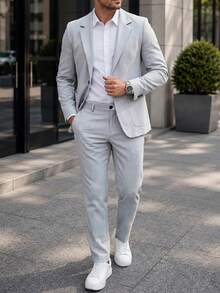 Manfinity Mode Men's Light Grey Suit Set, Autumn Business Casual Office Solid Color Casual Business Suit Featuring Pocket And Waistband Design For Daily Commute, Formal - Grey - View 3