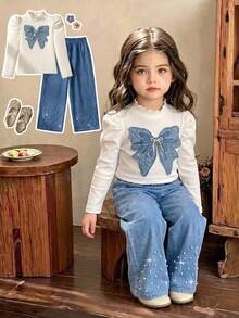 Girls Bow Puff Sleeve 2-Piece Set, Half-High Neck Puff Sleeves, Large Denim Look-Textured Bow Patch, Shapes Shoulders - Apricot - View 1