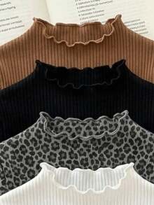 Envío aleatorio de 2 de 4 camisetas de capa base para niña con cuello semi alto, manga larga y ribete con volantes, de punto acanalado en color liso y estampado de leopardo, conjunto casual de otoño - Multicolor - Ver 6