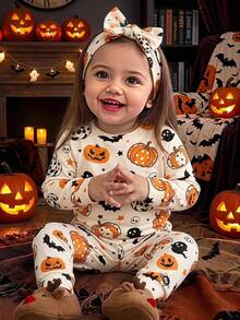 女嬰貼身休閒極簡南瓜印花長袖上衣與長褲居家服套裝，適合秋冬，修身版萬聖節 - 彩色 - 查看 1