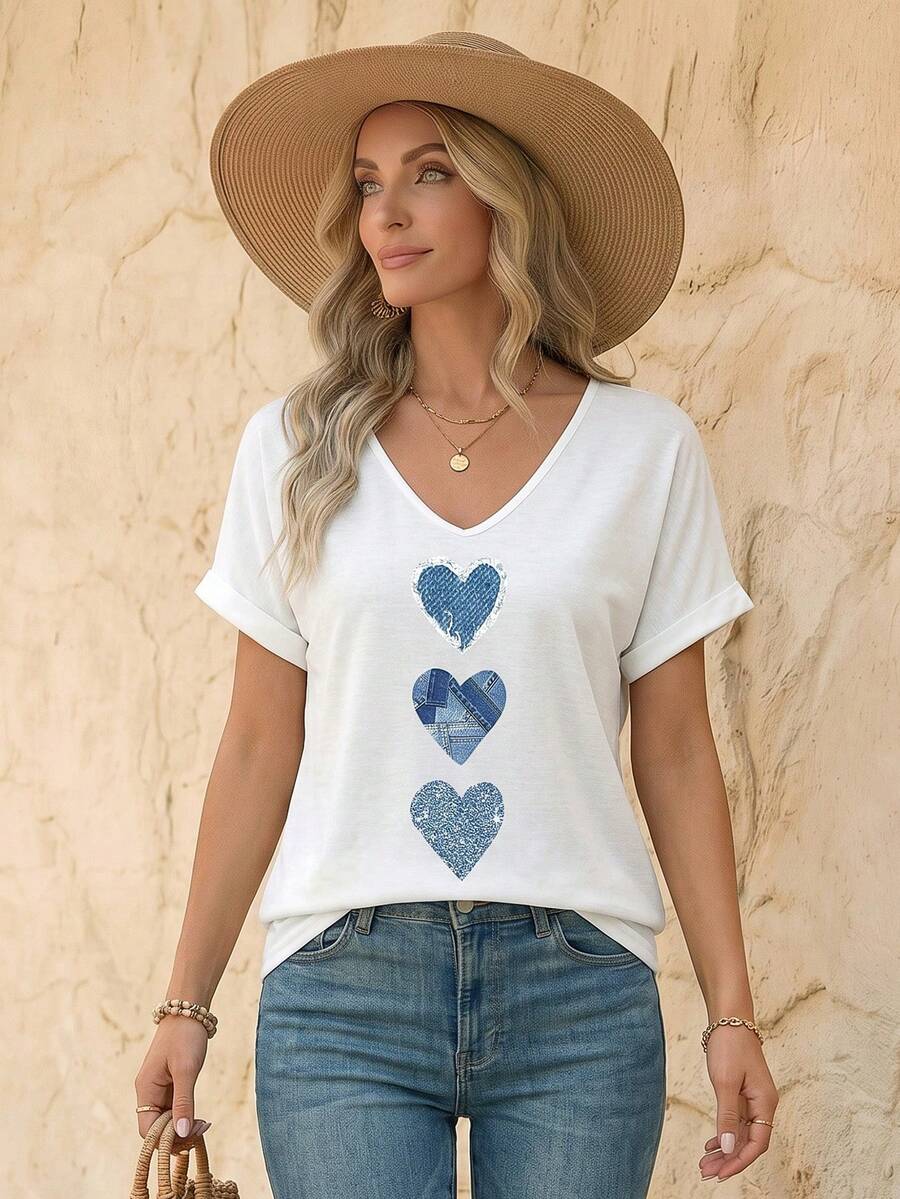 EMERY ROSE Fashionable Casual New White Front Panel Denim Heart Print T-Shirt - White - View 1