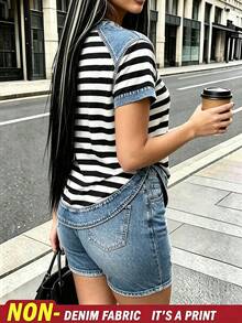 Rovax 女款丹寧效果條紋印花T恤與短褲兩件套 - 彩色 - 查看 2