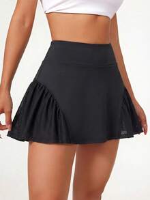 SHEIN Sports Women's Casual, Loose-Fit Athletic Skirt; Black; Regular Waist; Mesh Paneling; Features Built-In Shorts And Pockets. - Black - View 3