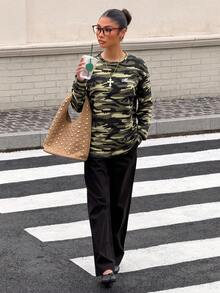 Muchica 女款休閒迷彩針織運動衫，秋季 - 軍綠色 - 查看 4