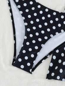 Swim Lushoire 女款夏季海灘波點性感比基尼三角內褲兩件式泳衣套裝附迷你裙 - 黑與白 - 查看 6