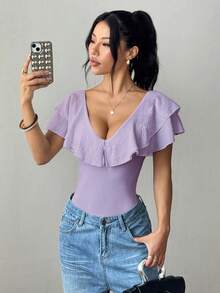 Rafferiza 女士纯色荷叶边连体衣 - 紫色 - 查看 3