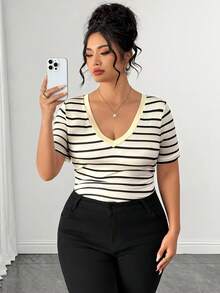 SHEIN LUNE CURVE Plus Size Women's Elastic Basic V-Neck Striped Ruched Waist Bodysuit, Black And White Short Sleeve Base Layer Bodysuit - Black and White - View 1