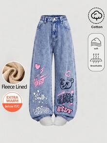 SHEIN Girlism 女童秋冬塗鴉熊圖案藍色牛仔刷毛內裡寬鬆長褲休閒款 - 藍色 - 查看 3