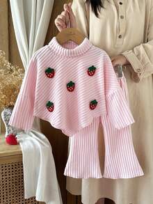 SHEIN Vintaside Kids 女嬰 0-3 歲秋季刺繡草莓羅紋針織長袖上衣與喇叭褲套裝，粉紅色，適合日常穿著，高領休閒日常穿搭 - 粉色 - 查看 3