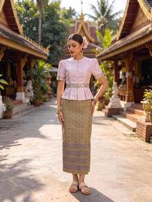 Zaforene Women's Floral Sequin Round Neck Short Petal Sleeve Blouse And Geometric Pattern Skirt Elegant Romantic Set Wedding Dinner Light Pink Gold Summer - Bubblegum Pink - View 1