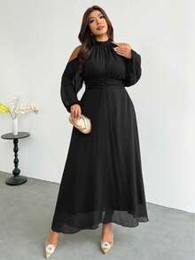 Firerie Plus Size Elegant Solid Color Cold Shoulder Halter Neck Dress Fall - Black - View 5