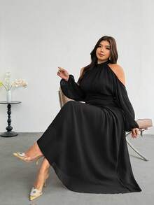 Firerie Plus Size Elegant Solid Color Cold Shoulder Halter Neck Dress Fall - Black - View 8