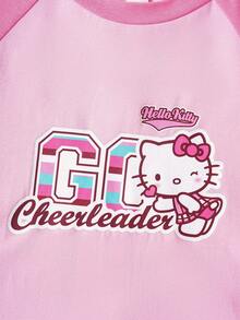 HELLO KITTY AND FRIENDS | SHEIN 女性休閒運動卡通和字母印花對比配色拉弦袖連衣裙，夏季 - 淺粉色 - 查看 4