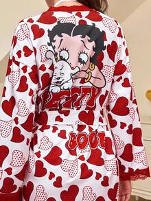 Betty Boop x SHEIN 女士夏季休闲红色爱心人像印花蕾丝睡袍，复古人像图案长袖睡袍，秋冬季 - 紅色 - 查看 1
