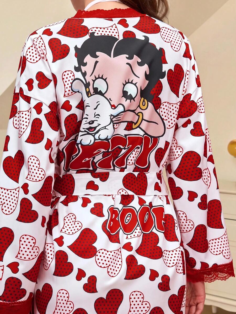 Betty Boop x SHEIN 女士夏季休闲红色爱心人像印花蕾丝睡袍,复古人像图案长袖睡袍,秋冬季 - 紅色 - 查看 1