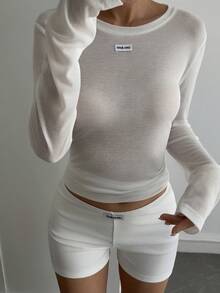 Livesso Tall Women's Round Neck Long Sleeve Semi-Sheer Pullover T-Shirt With Woven Label Decoration Fall - White - View 8
