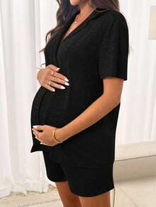 Slowluna Maternity Solid Color V-Neck Top And Adjustable Waist Shorts Casual Daily Two Pieces Set - Black - View 6