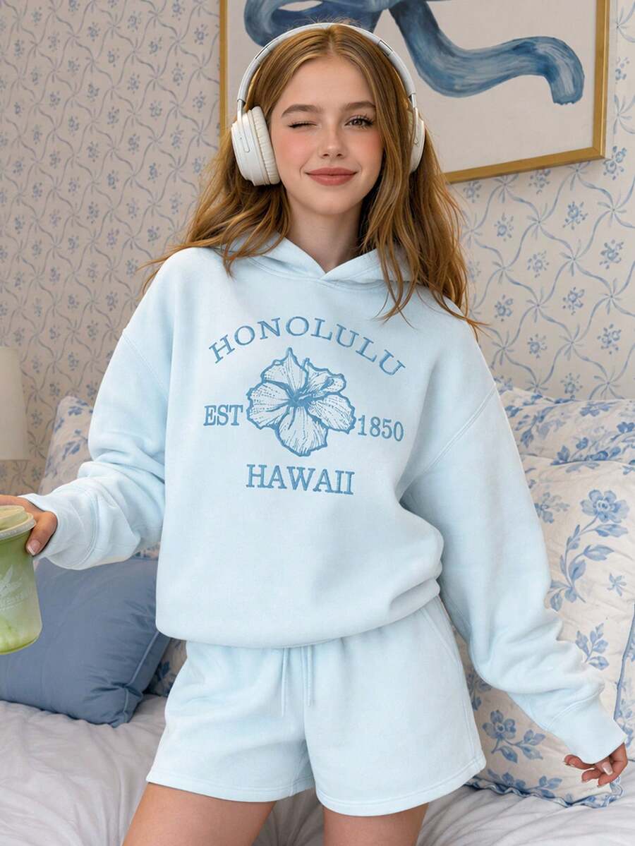 薄荷藍 青少年女孩休閒復古字母刺繡 海灘風海洋波希米亞刺繡圖案 厚實柔軟連帽衛衣 適合秋冬日常 慵懶隨性 - 彩色 - 查看 1