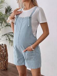 SHEIN 孕婦條紋雙口袋綁帶牛仔吊帶短褲 - 藍色 - 查看 4