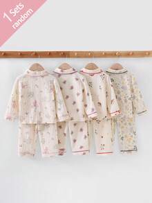 SHEIN Baby Girls' Random 1 Set Pajama Set, Featuring Classic Collar Design, Contrast Trim, And Playful Prints Like Floral, Bear, Bow, Strawberry, Rabbit, Surprise Blind Box Random Assortment - Multicolor - View 2
