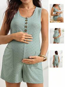 SHEIN Summer Nursing Function Pocket Jacquard Button Romper Casual Comfortable Maternity Summer Holiday Outfits For Women,Baby Shower Beach - Green - View 12