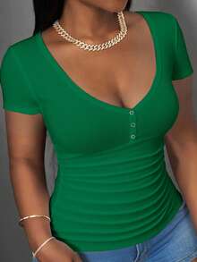 Slaydiva Plus Size Women Solid Color Ruched Fitted Versatile Daily Casual Short Sleeve T-Shirt - Green - View 1