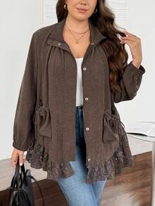 Easowa Curve เสื้อแจ็คเก็ตไซส์ใหญ่ แต่งลูกไม้ปะติดปะต่อ กระเป๋าคู่ สำหรับฤดูใบไม้ร่วง - สีน้ำตาลกาแฟ - ดู 4
