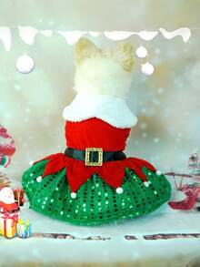 1pc Pet Christmas Dress Classic Clasp Christmas Tree Sequined Dogs And Cats Christmas Dress - Red - View 4