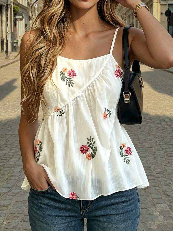 SHEIN Women's Floral Embroidered Camisole A-Line Top, Women's White Shirt, White Camisole Tank Top, Party Top, Women's Beach Wear, Women's Casual Top, Women's Vacation Wear, Women's Beach Vacation Wear, Summer Holiday Wear, Women's Commute Wear, Summer Top, Women's Spring Wear, Inner Layer Top Summer Clothing, Women's Elegant Top, Women's Work Top, Women's Office Attire, Social Top/Workplace Top, Women's Office Wear, Suitable For Spring/Summer
