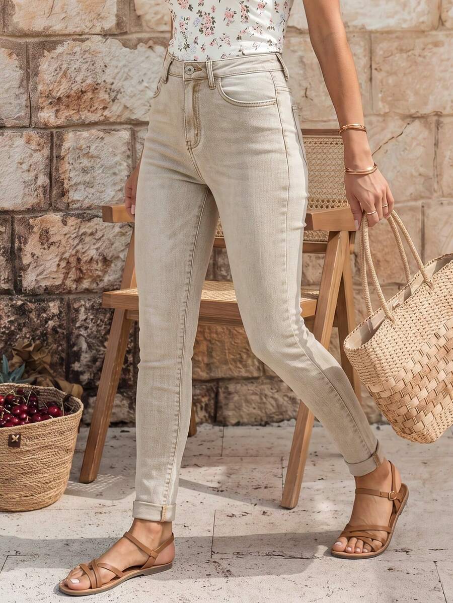 EMERY ROSE Women's High Waist Pocket Skinny Casual Versatile Denim Jeans - Apricot - View 1