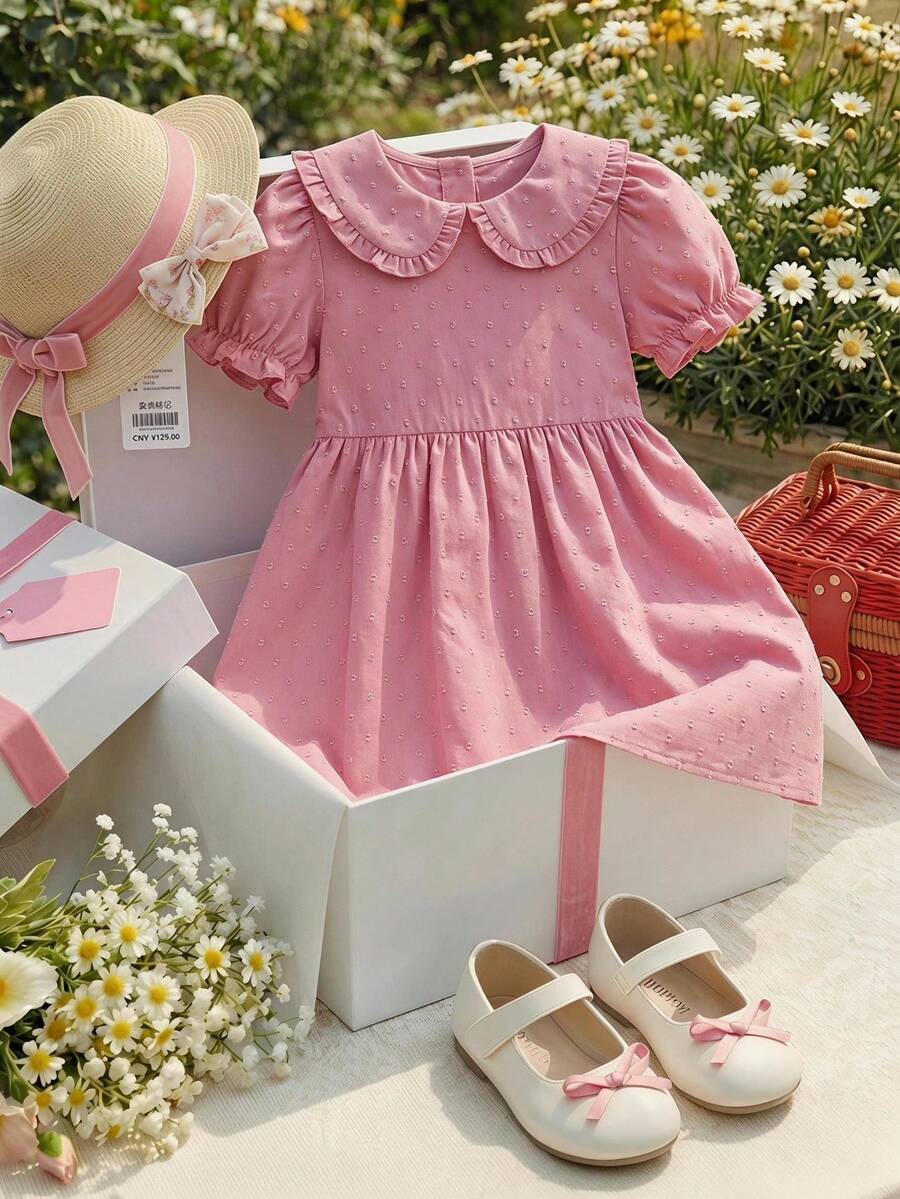 SHEIN 女童粉色彼得潘領洋裝,夏季泡泡袖公主裙,兒童幼童溫柔風優雅短袖洋裝 - 粉色 - 查看 1