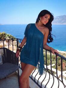 Aloruh Women's Solid Color One Shoulder Casual Party Mini Dress - Teal Blue - View 3