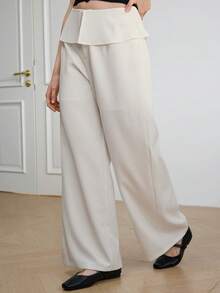 Dazy-Less High Waist White Solid Color Ruffle Waist Design Loose Wide Leg Casual Women's Long Pants Fall - White - View 6