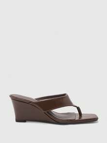 CUCCOO BIZCHIC Spring And Summer Brown Mezzanine Herringbone Strap Square Toe Slope Heel High Heel Minimalist Black Slippers Travel Commuter Dating - Brown - View 2
