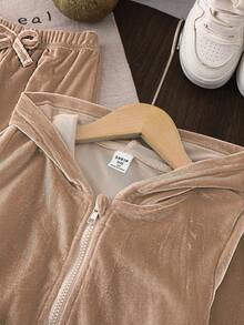 SHEIN Vintaside Kids 女童天鵝絨連帽長袖外套與長褲套裝，適合秋冬穿著，時尚百搭且舒適 - 香檳色 - 查看 3
